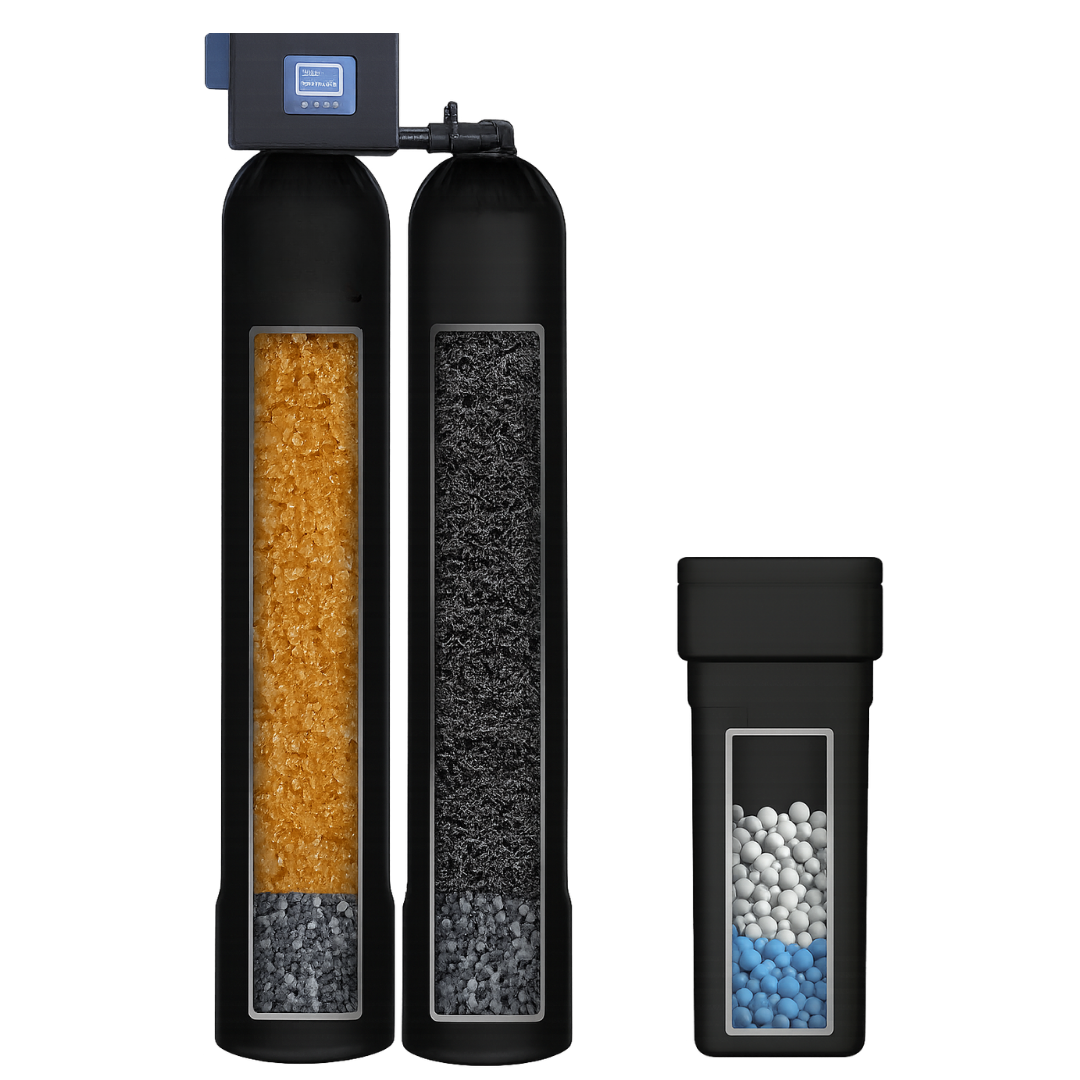 Purify dual-tank whole-home system: softener and carbon tanks with brine tank