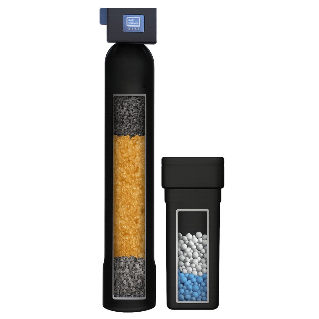 Single-tank whole-home system: activated carbon and softening resin layered in one tank, with brine tank